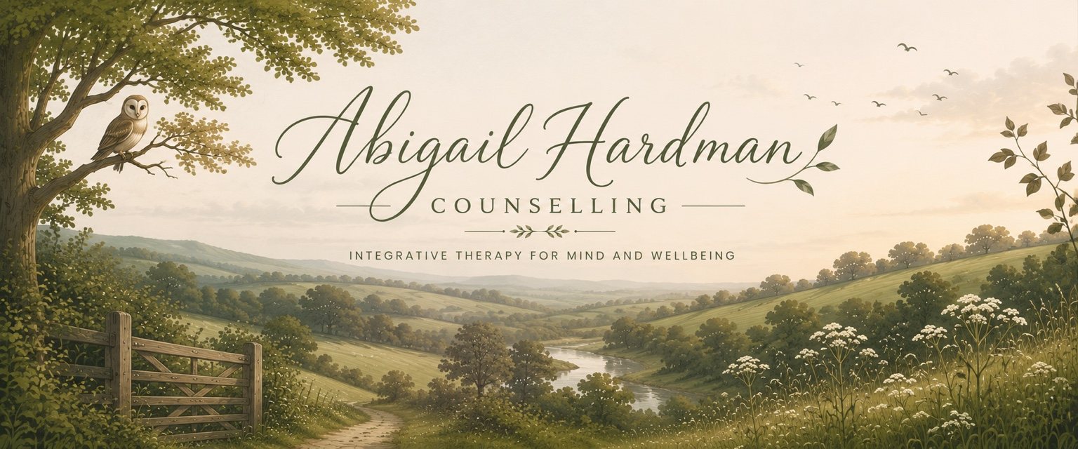 Abigail Hardman Counselling logo over an illustrated countryside landscape with trees, a winding path and an owl